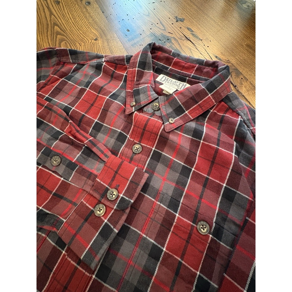 Duluth Trading Co Mens Red Plaid Flannel Shirt Trim Fit Cotton Long Sleeve L NEW